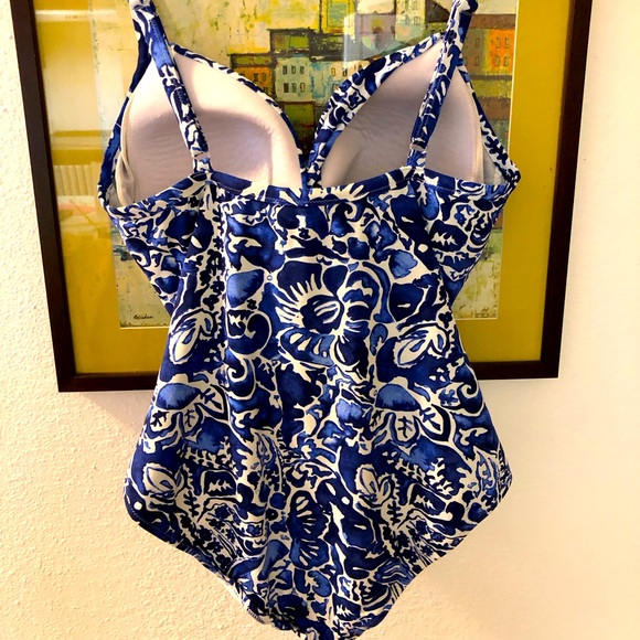 Seekers One Piece Tummy Control Panel Blue White Batik Sweetheart Swimsuit 12 - Picture 4 of 9